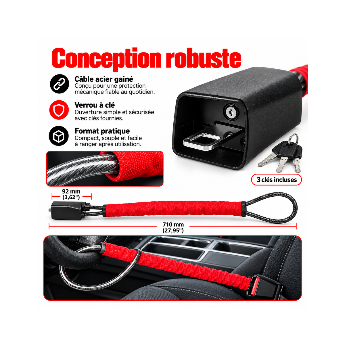 Conception robuste de l’antivol de volant OBDProtect, câble acier gainé, verrou à clé, 3 clés incluses. Photo complète en français.