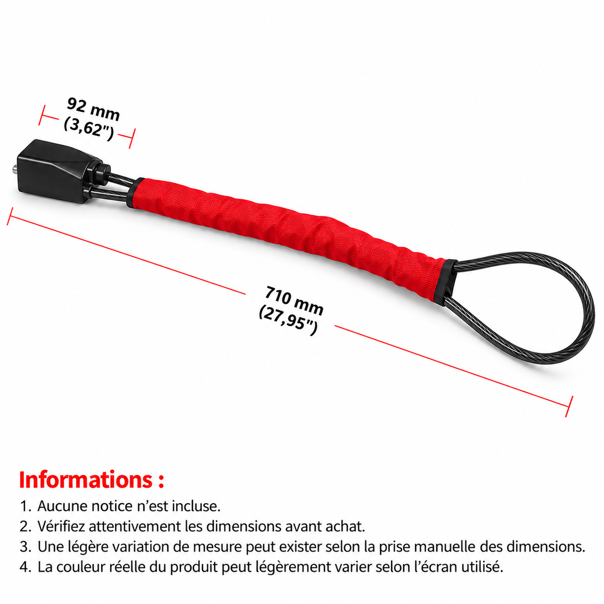 Antivol de volant OBDProtect : dimensions 710 mm et 92 mm, fiche technique en français