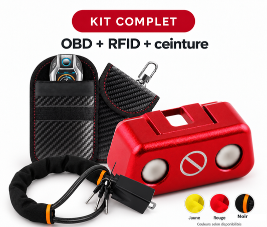 Kit Complet OBDProtect avec antivol ceinture et coloris jaune rouge noir